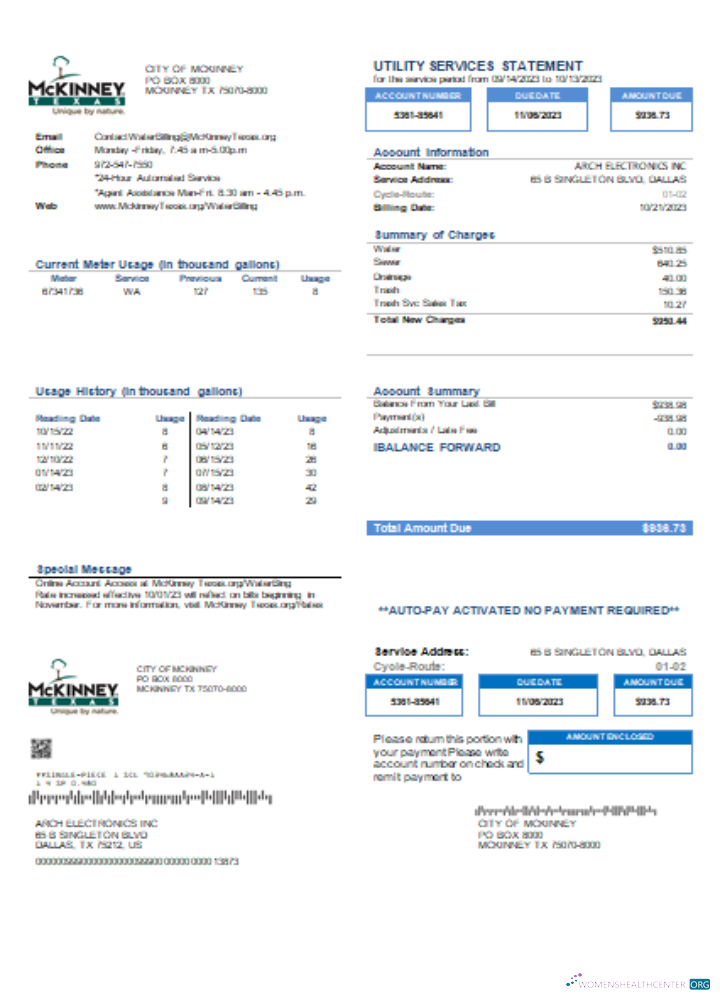 Download City of McKinney utility business bill, SCR Photoshop template